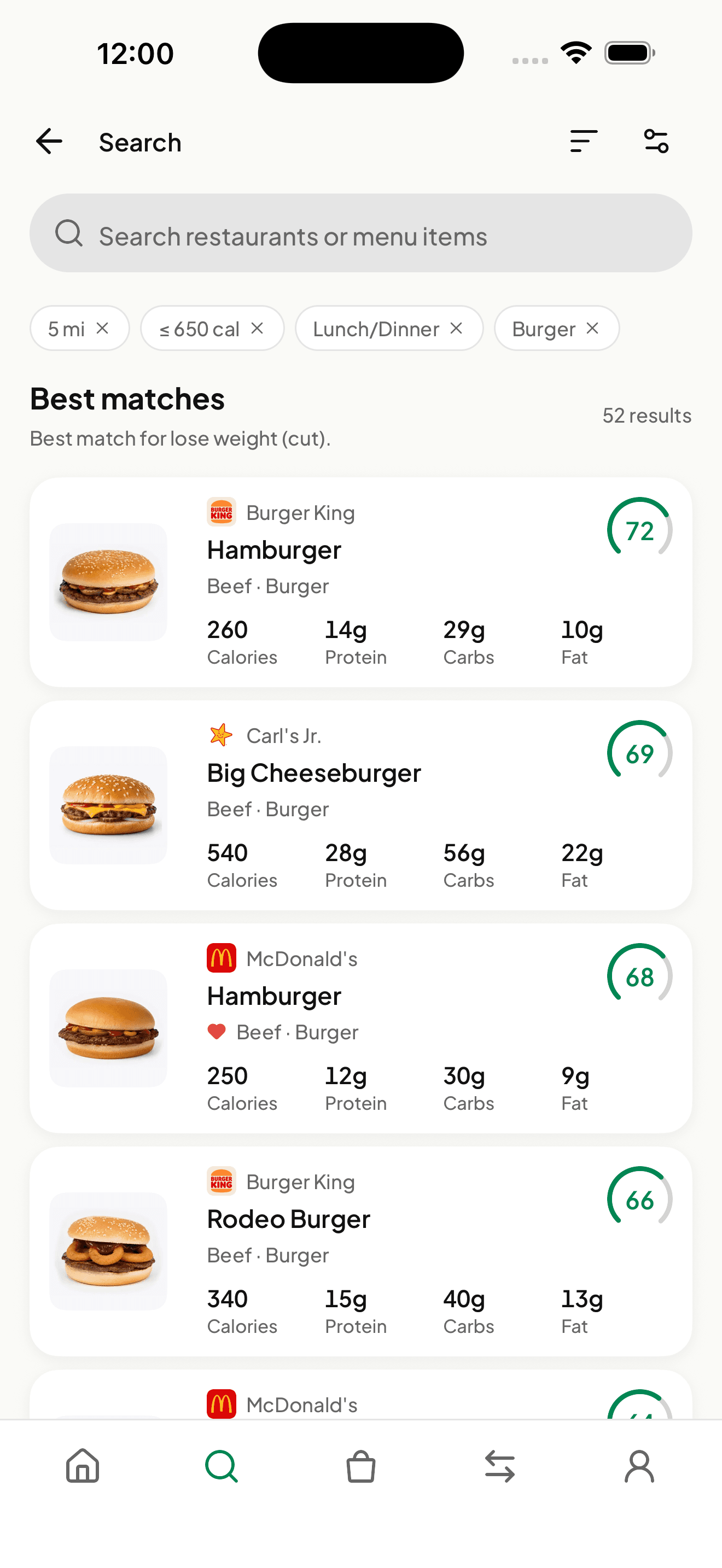 FatChance restaurant results ranked against personal nutrition goals